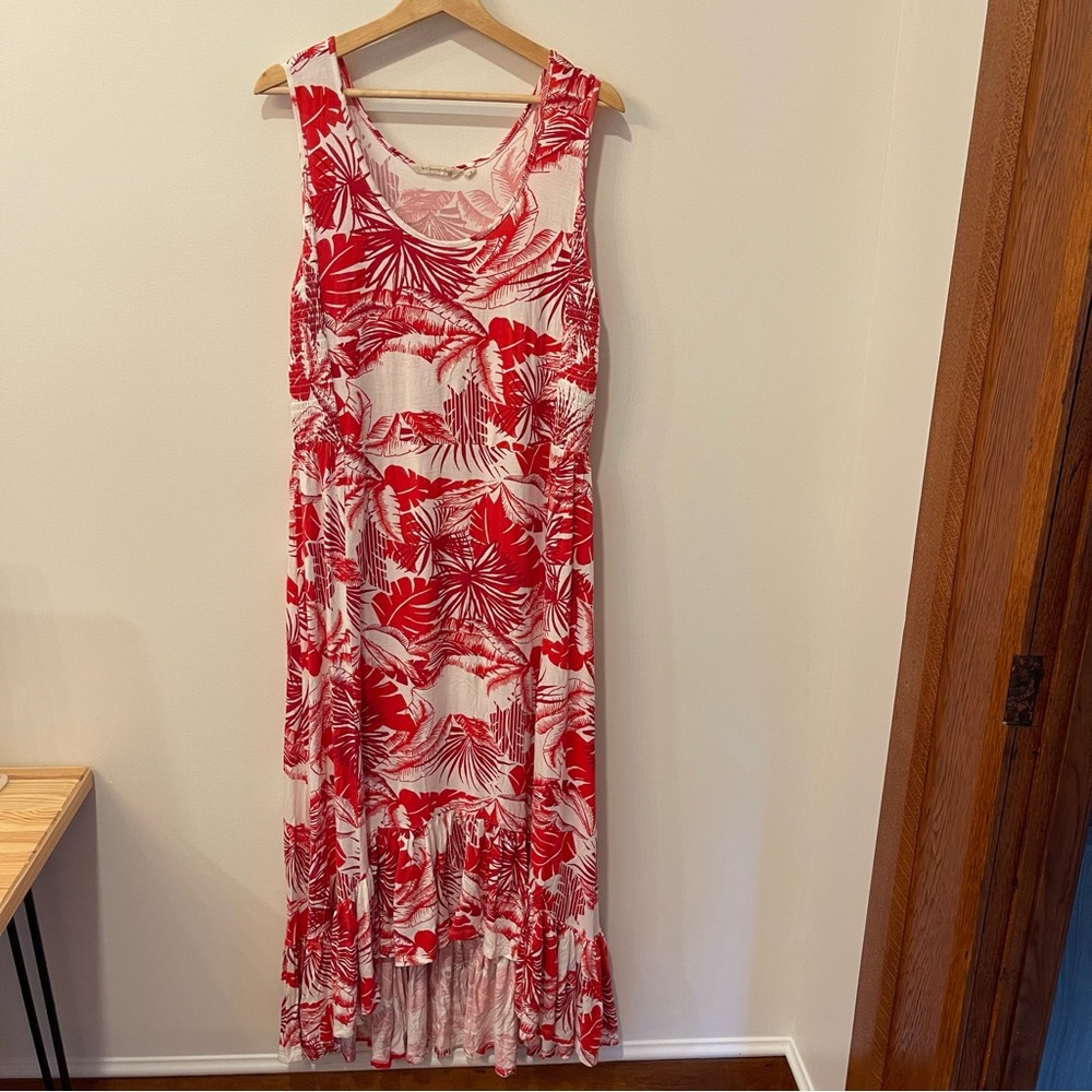 Soft Surroundings Red White Palm Hawaiian Maxi Dress Size L